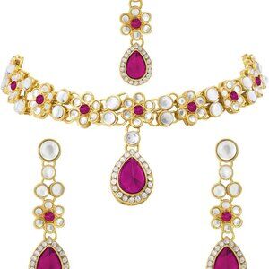 Gold Plated Kundan Beads Choker Earrings Maangtikka Set Ethnic Jewelry Women